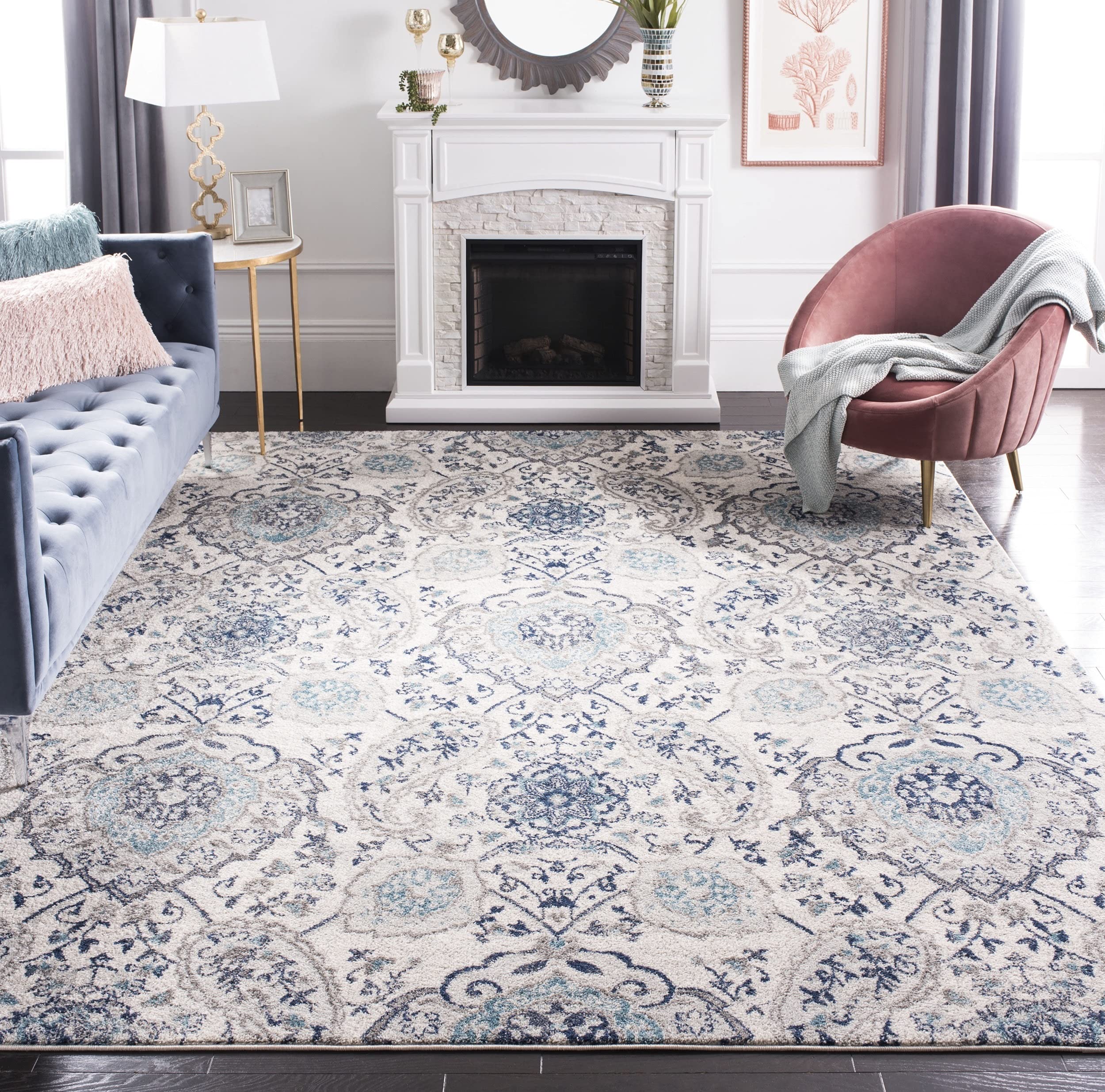SAFAVIEH Madison Collection Area Rug - 9' Square, Cream & Light Grey, Boho Chic Glam Paisley Design, Non-Shedding & Easy Care, I